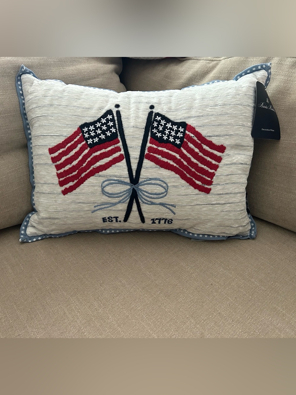 “New” Brooks Brothers Patriotic Flags Embroidered Pillow